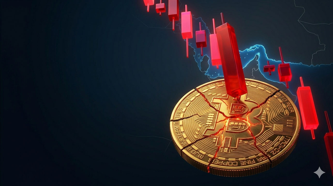 A dramatic illustration of the 2026 crypto market crash showing a cracked Bitcoin coin being struck by falling red candlestick charts against a dark global market background, symbolizing panic selling and heavy losses during the US–Iran strike selloff.