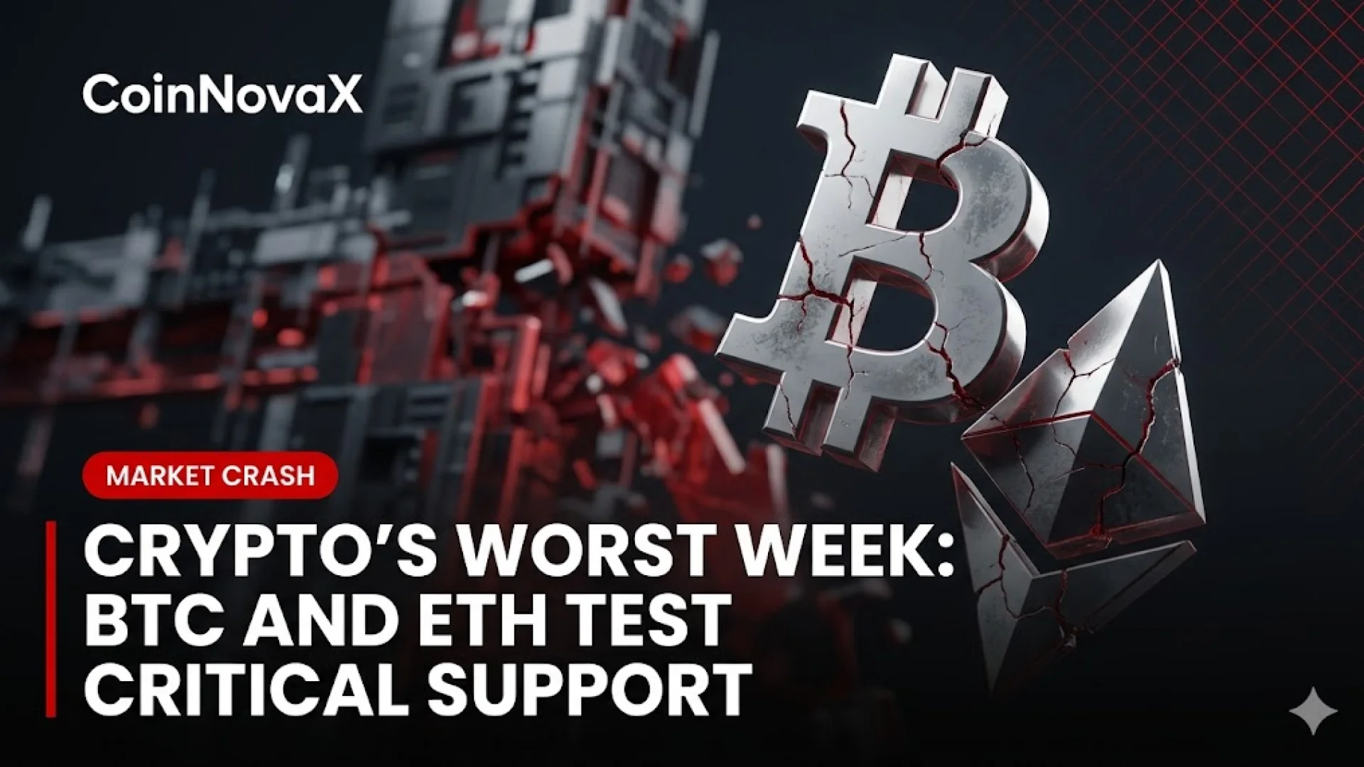 A financial chart showing sharp downward price candlesticks for major cryptocurrencies.