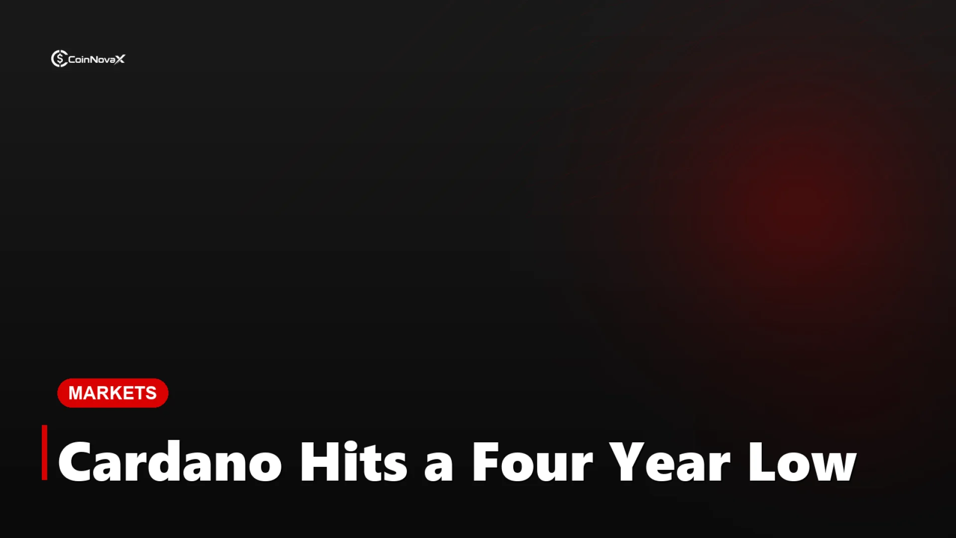 A glossy red 3D Cardano coin falling below a price marker on a dark background